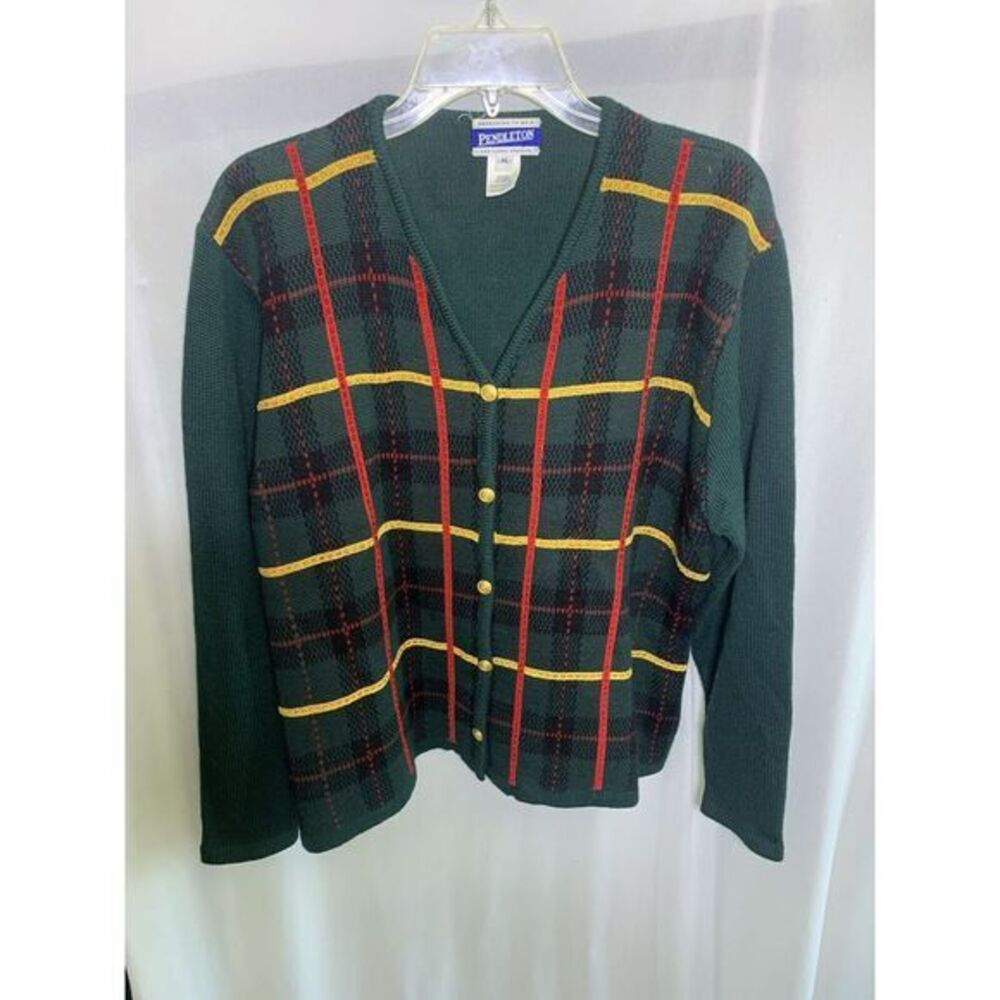 Women's XL Pendleton Wool Blend Plaid Green & Red Holiday Christmas Cardigan VTG - Picture 2 of 6